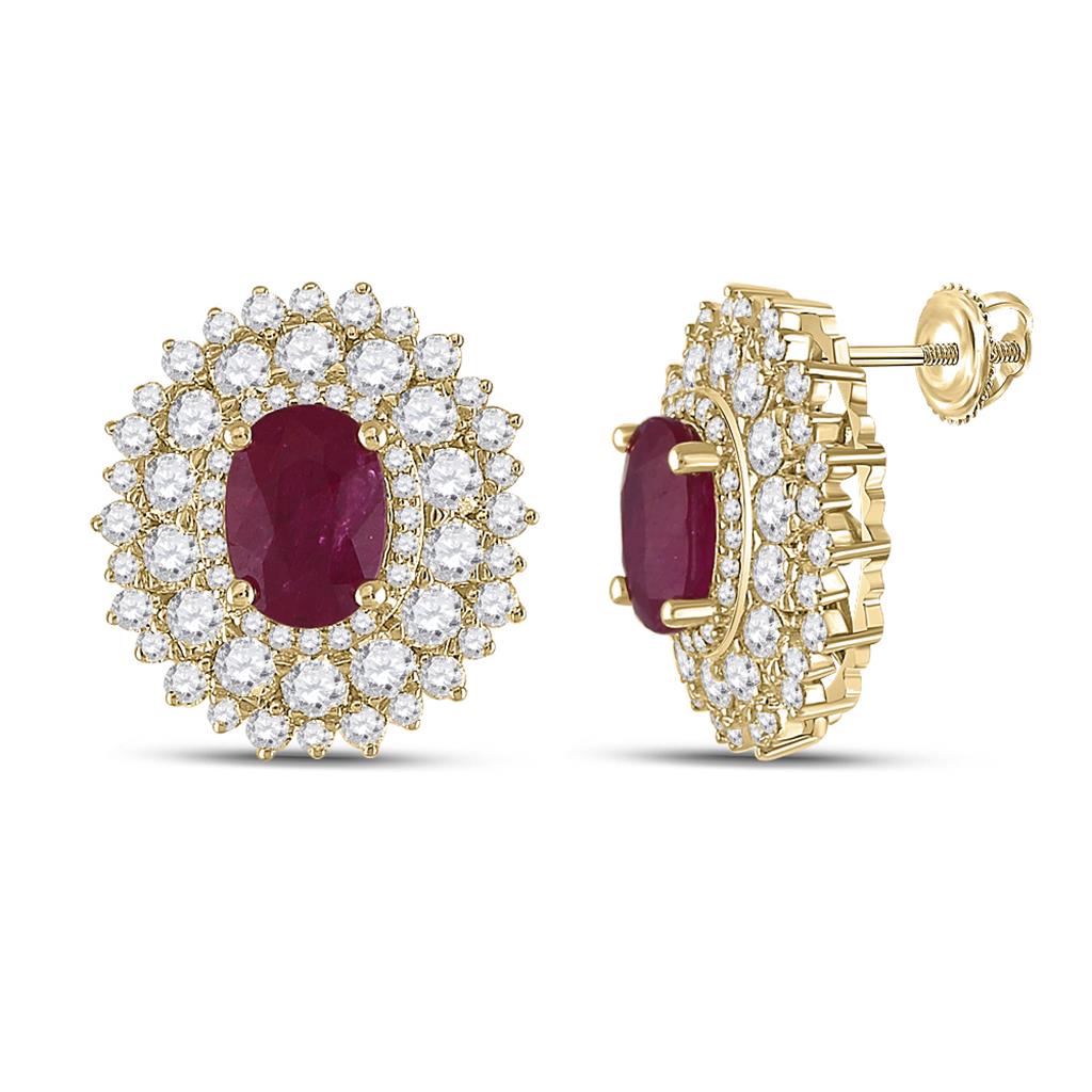 14k Yellow Gold Oval Ruby Diamond Halo Earrings 3-1/4 Cttw