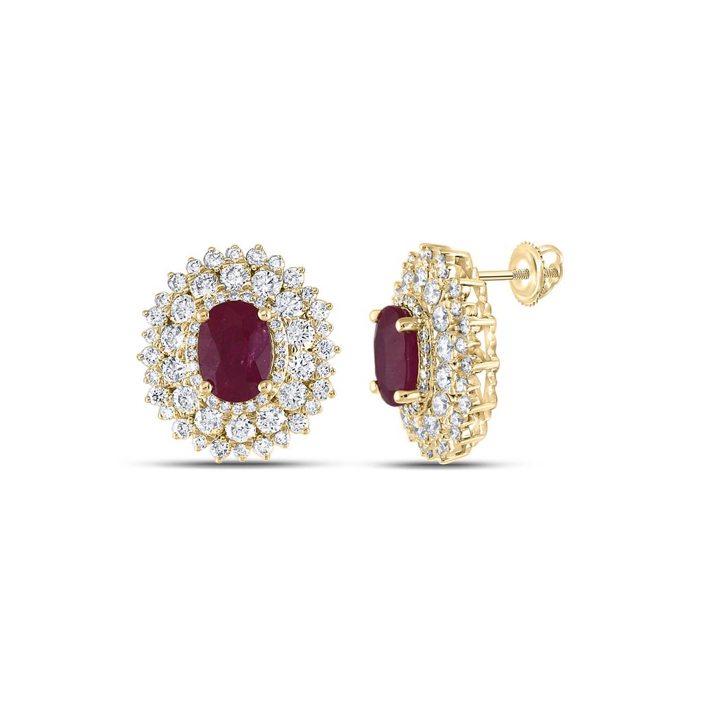 14k Yellow Gold Oval Ruby Diamond Fashion Earrings 5-3/8 Cttw