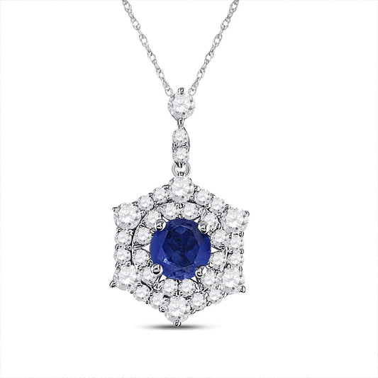 14k White Gold Round Blue Sapphire Diamond Fashion Pendant 5/8 Cttw