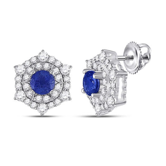 14k White Gold Round Blue Sapphire Diamond Halo Earrings 1-1/4 Cttw