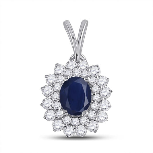 14k White Gold Oval Blue Sapphire Diamond Halo Pendant 3/4 Cttw