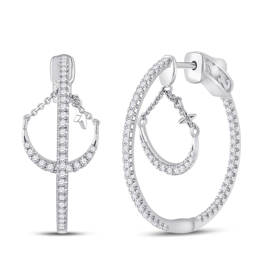 14k White Gold Round Diamond Dangle Hoop Earrings 1 Cttw