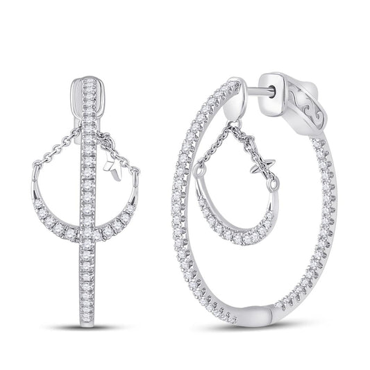 14k White Gold Round Diamond Dangle Hoop Earrings 1 Cttw