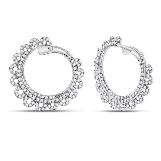 14k White Gold Round Diamond Hoop Earrings 1-1/2 Cttw