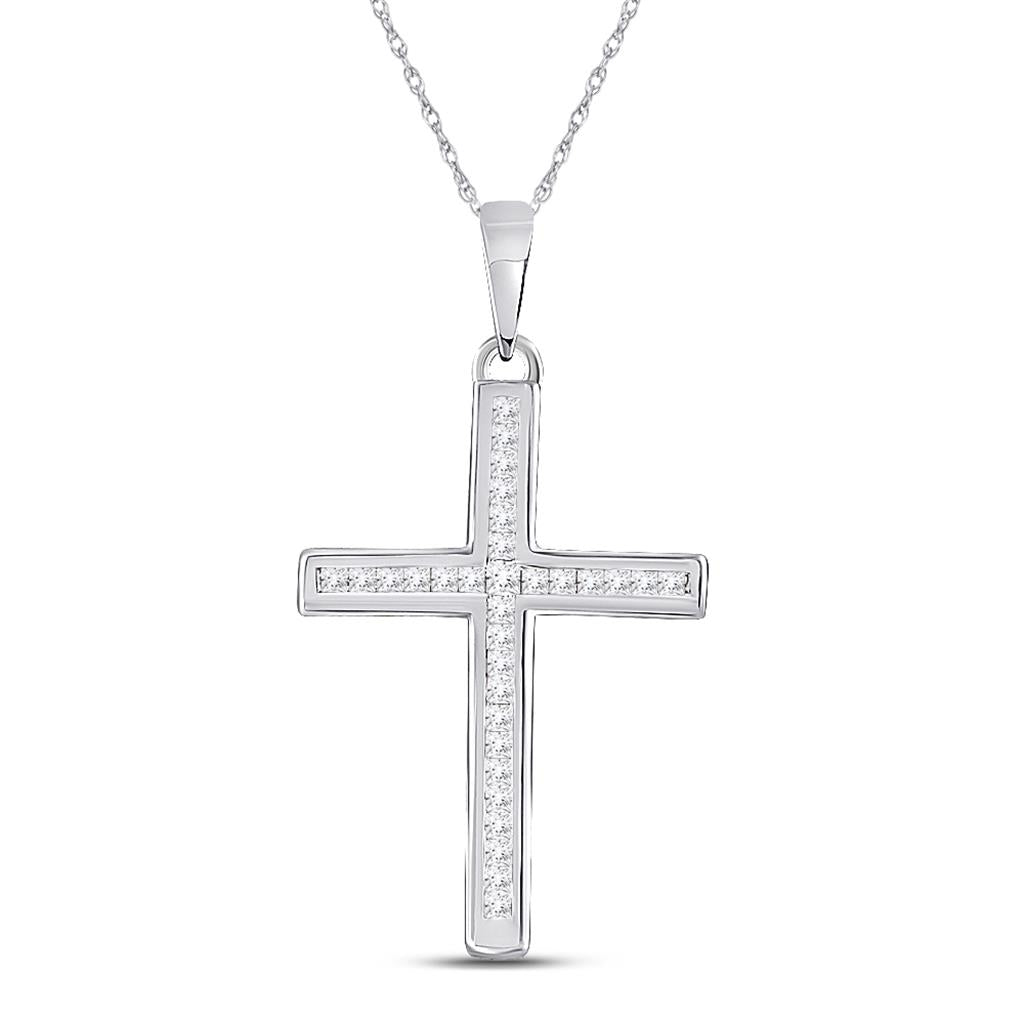 14k White Gold Princess Diamond Cross Pendant 1/6 Cttw