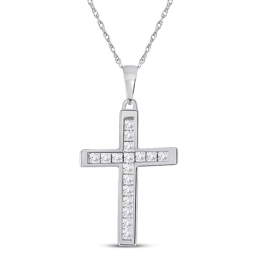14k White Gold Princess Diamond Cross Pendant 1/3 Cttw