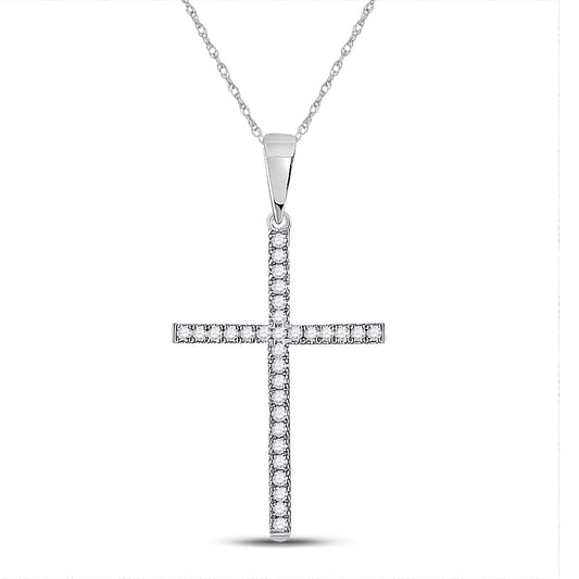 14k White Gold Round Diamond Cross Pendant 1/10 Cttw