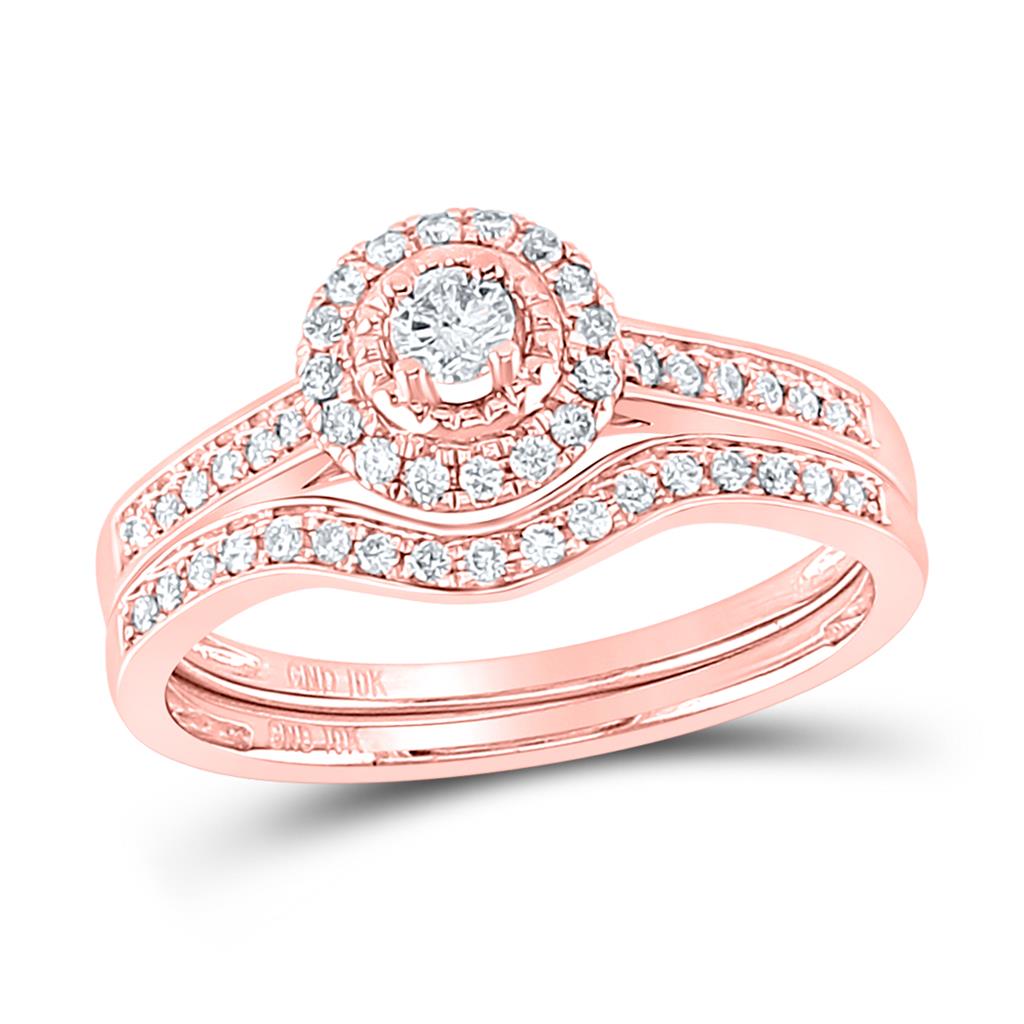 10k Rose Gold Round Diamond Halo Bridal Wedding Ring Set 1/3 Cttw