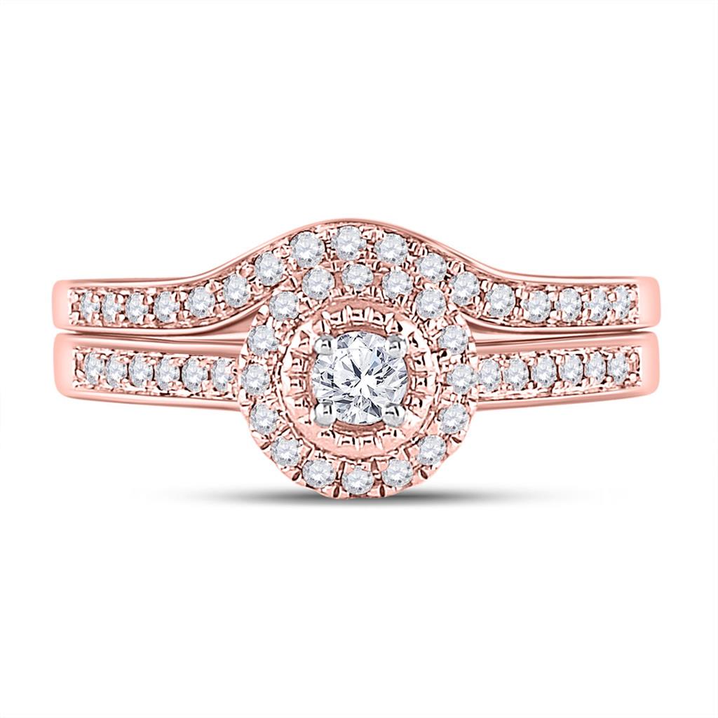 10k Rose Gold Round Diamond Halo Bridal Wedding Ring Set 1/3 Cttw