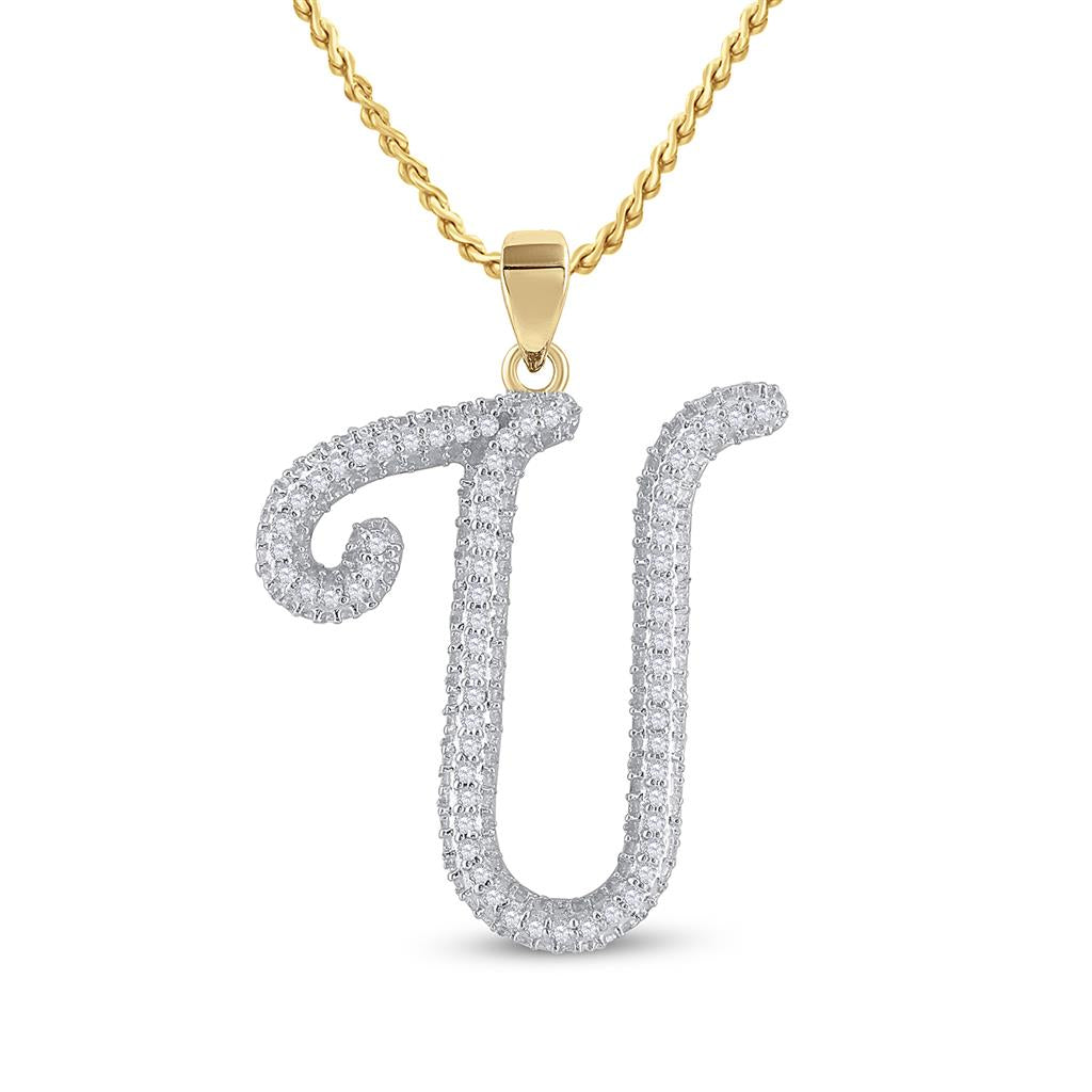 10k Yellow Gold Round Diamond Initial U Letter Pendant 1/5 Cttw