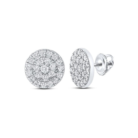 14k White Gold Round Diamond Cluster Earrings 1 Cttw