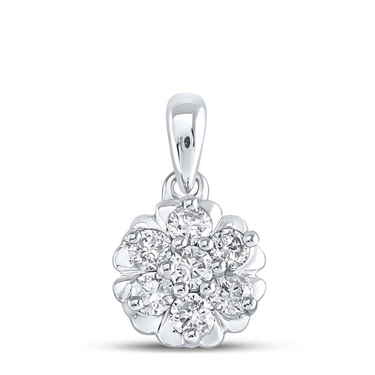 14k White Gold Round Diamond Flower Cluster Pendant 1/3 Cttw