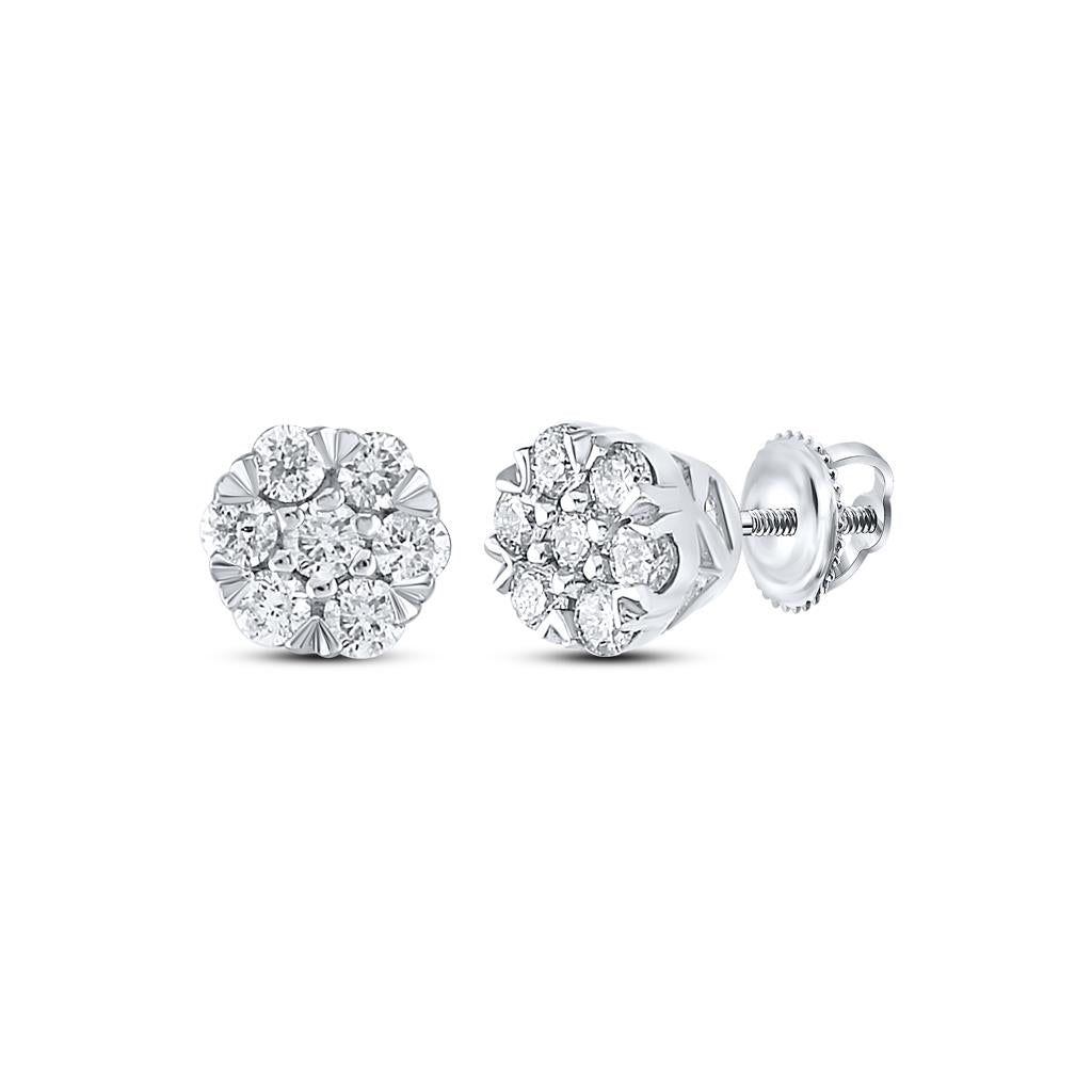 14k White Gold Round Diamond Flower Cluster Earrings 1/4 Cttw