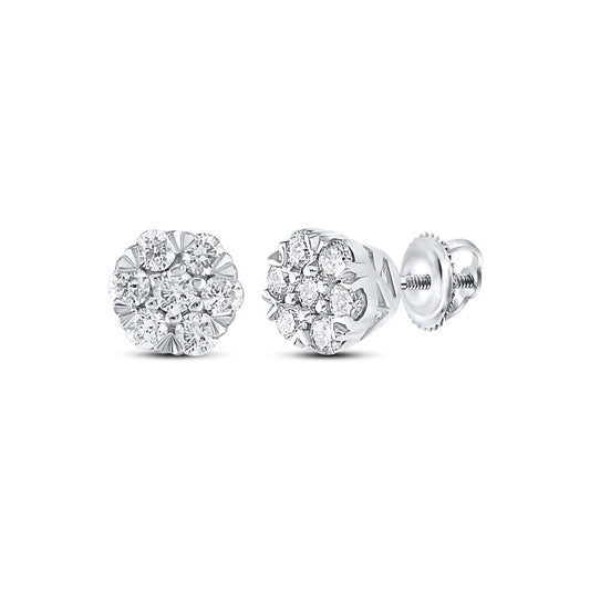 14k White Gold Round Diamond Flower Cluster Earrings 1/4 Cttw