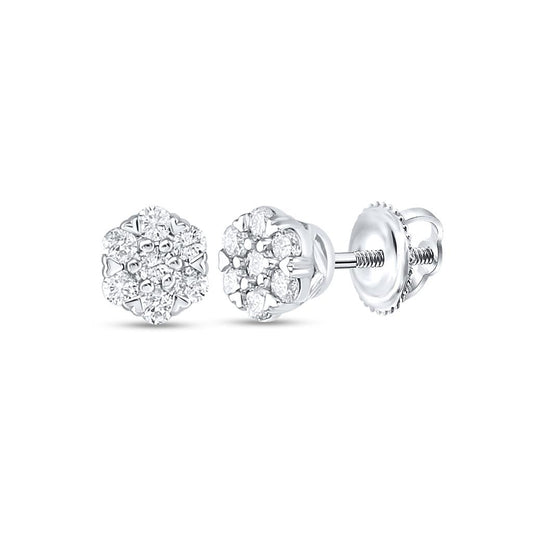 14k White Gold Round Diamond Flower Cluster Earrings 1/4 Cttw
