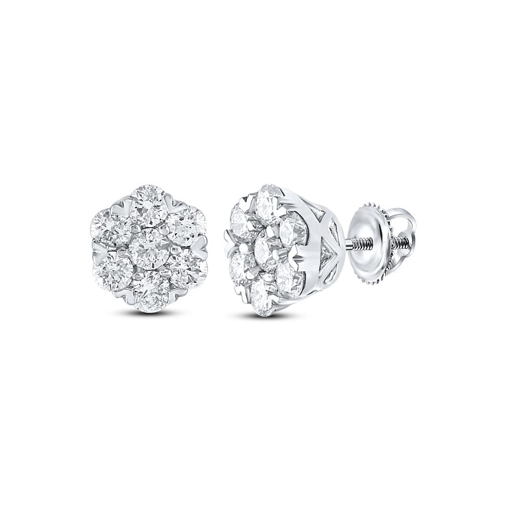 14k White Gold Round Diamond Flower Cluster Earrings 5/8 Cttw