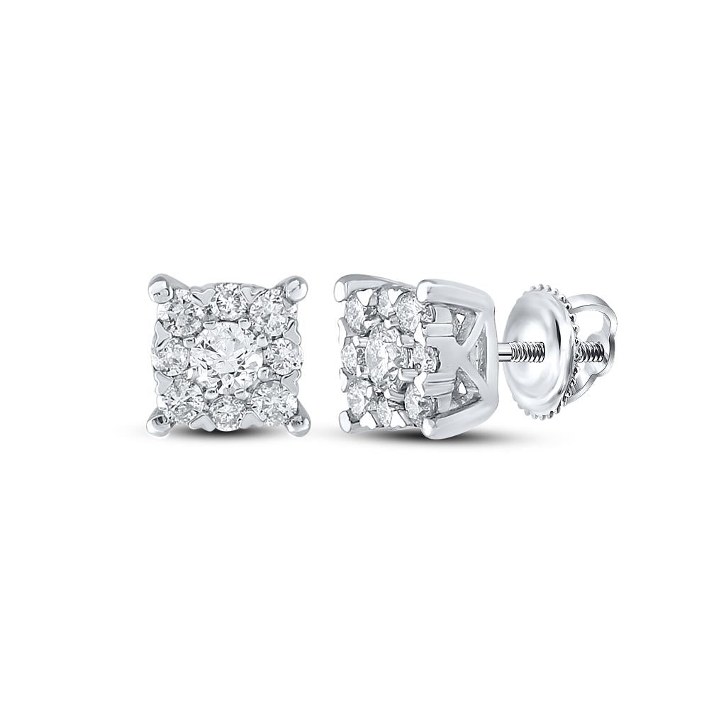 14k White Gold Round Diamond Cluster Earrings 1/2 Cttw
