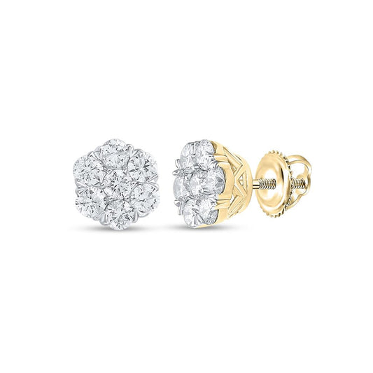 10k Yellow Gold Round Diamond Flower Cluster Earrings 1 Cttw