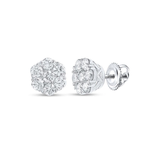 14k White Gold Round Diamond Flower Cluster Earrings 1 Cttw
