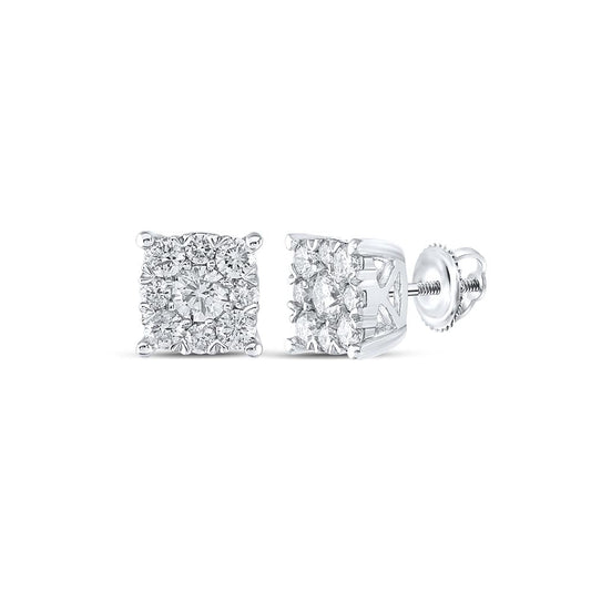 14k White Gold Round Diamond Cluster Earrings 7/8 Cttw
