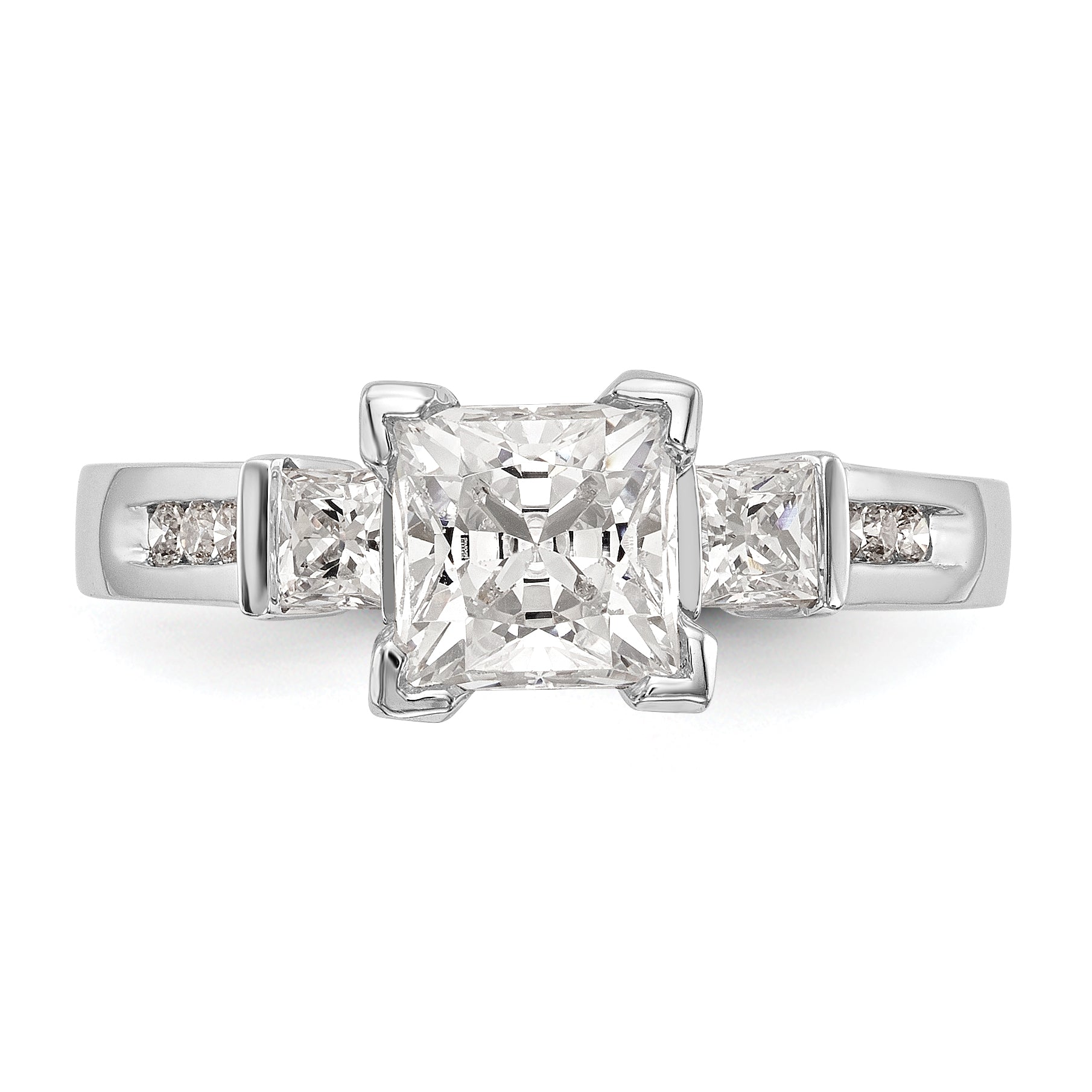 14K White Gold 3 Stone Peg Set Simulated Diamond Engagement Ring