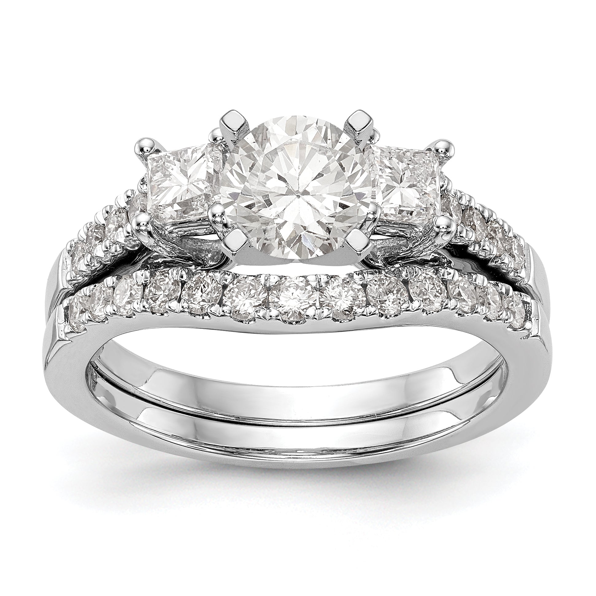 14K White Gold 3 Stone Diamond Peg Set CZ Engagement Ring