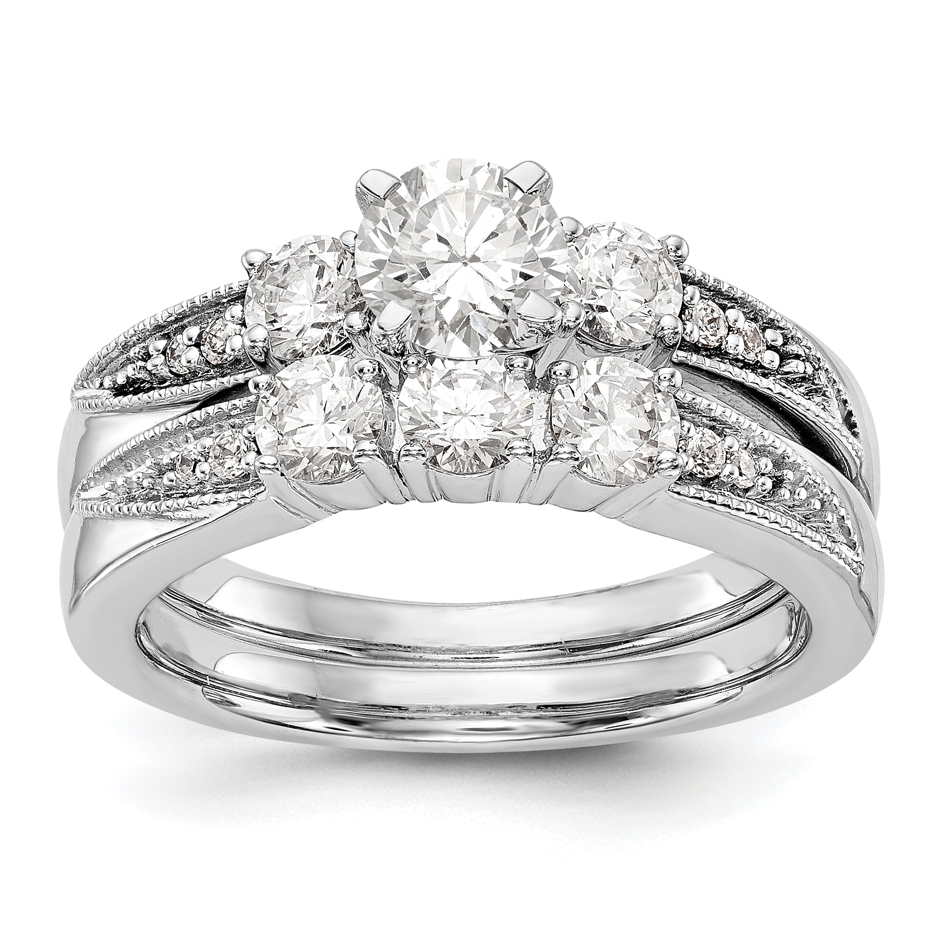 14K White Gold 3 Stone Diamond Peg Set CZ Engagement Ring