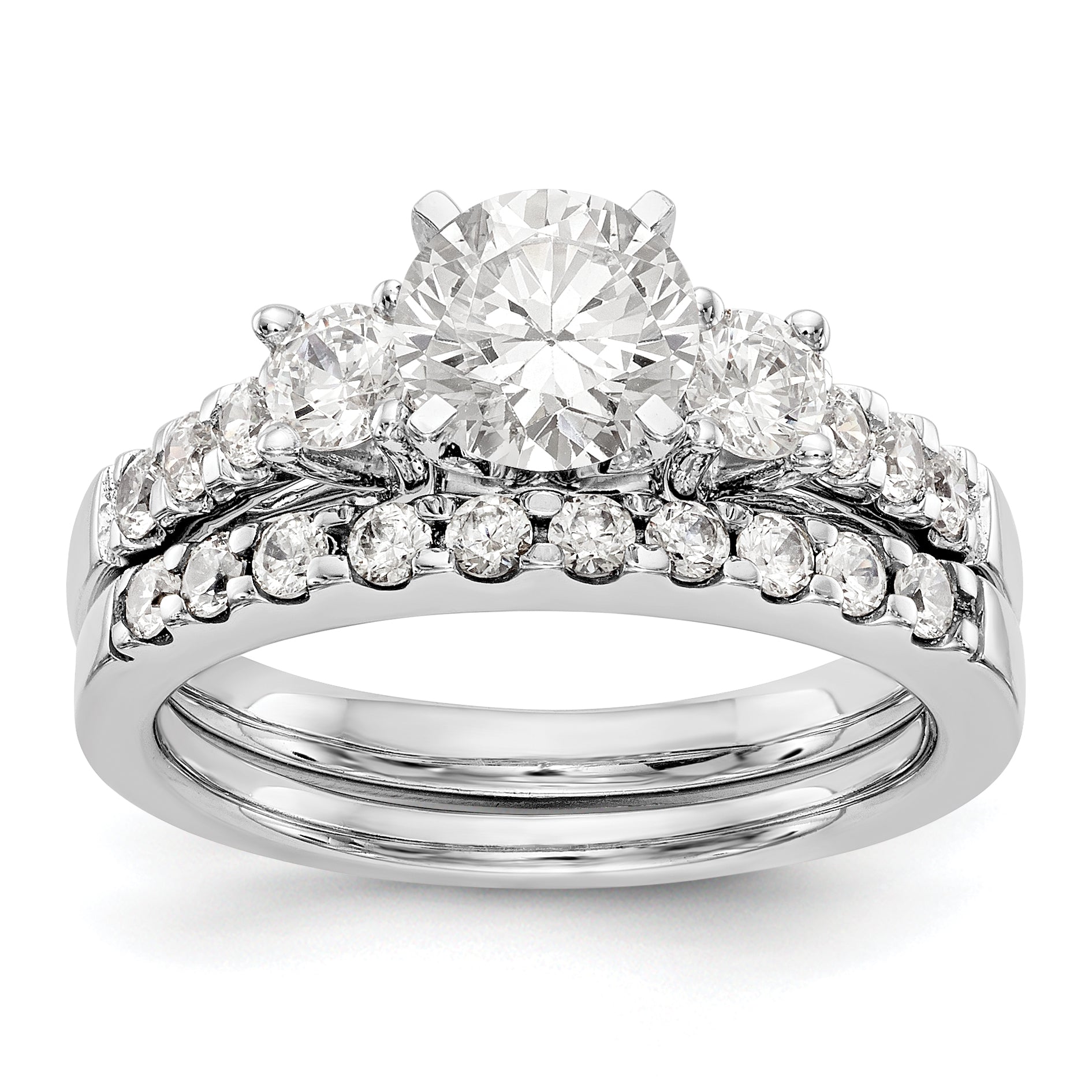 14K White Gold 3 Stone Diamond Peg Set CZ Engagement Ring