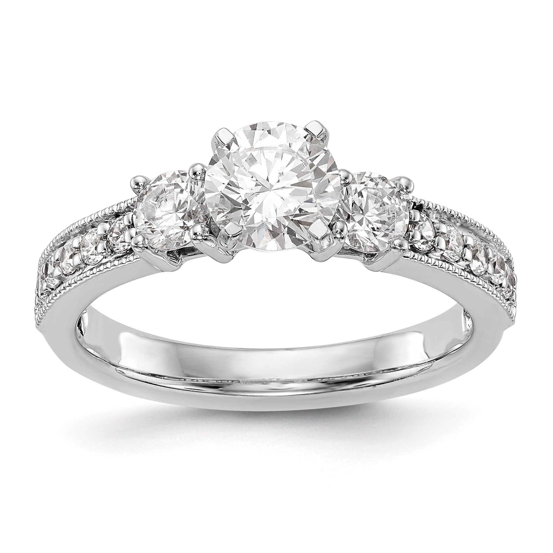 14K White Gold 3 Stone Diamond Peg Set CZ Engagement Ring