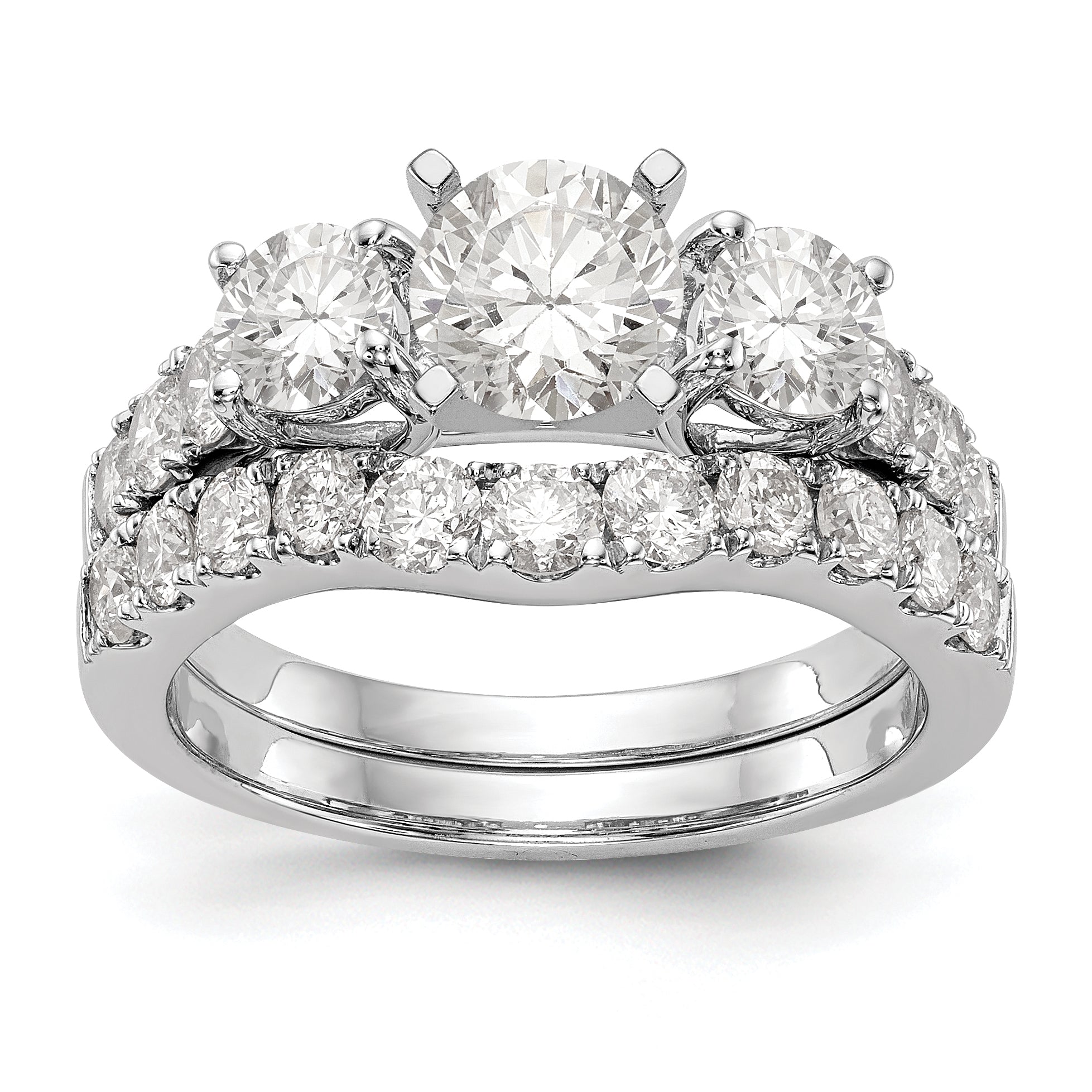 14K White Gold 3 Stone Diamond Peg Set CZ Engagement Ring