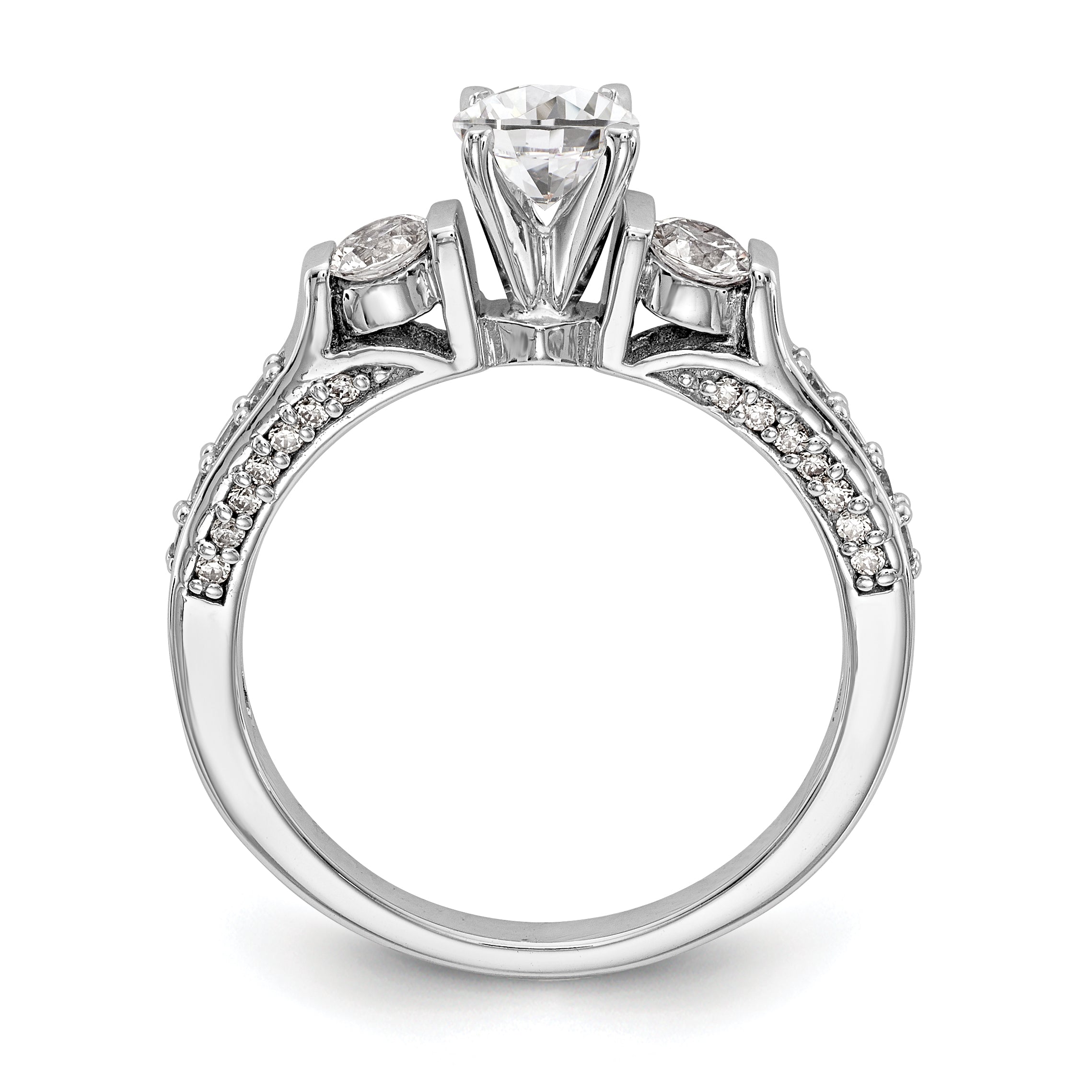 14K White Gold 3 Stone Diamond Peg Set CZ Engagement Ring