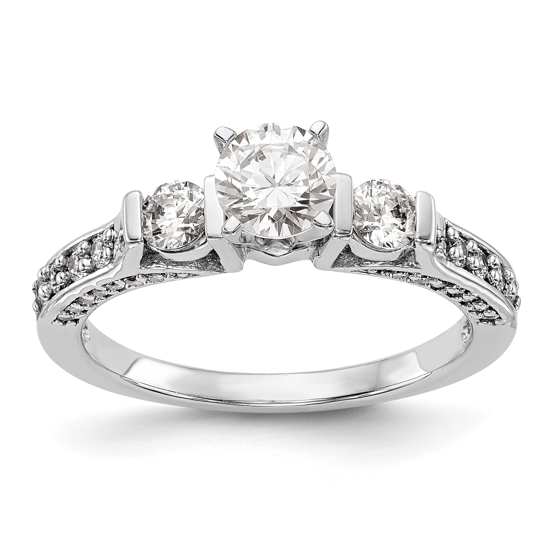 14K White Gold 3 Stone Diamond Peg Set CZ Engagement Ring