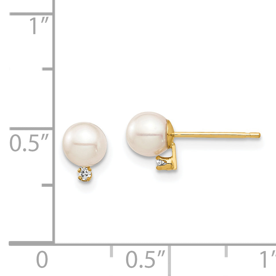 14K Madi K 4 5mm White Round FW Cultured Pearl .02ct Diamond Post Earrings