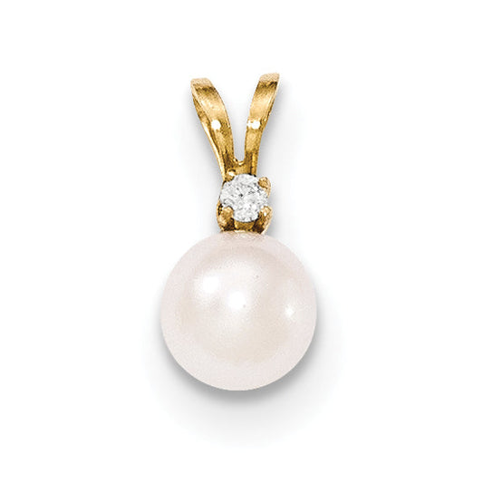 14k 7 8mm Round White Saltwater Akoya Cultured Pearl Diamond Pendant