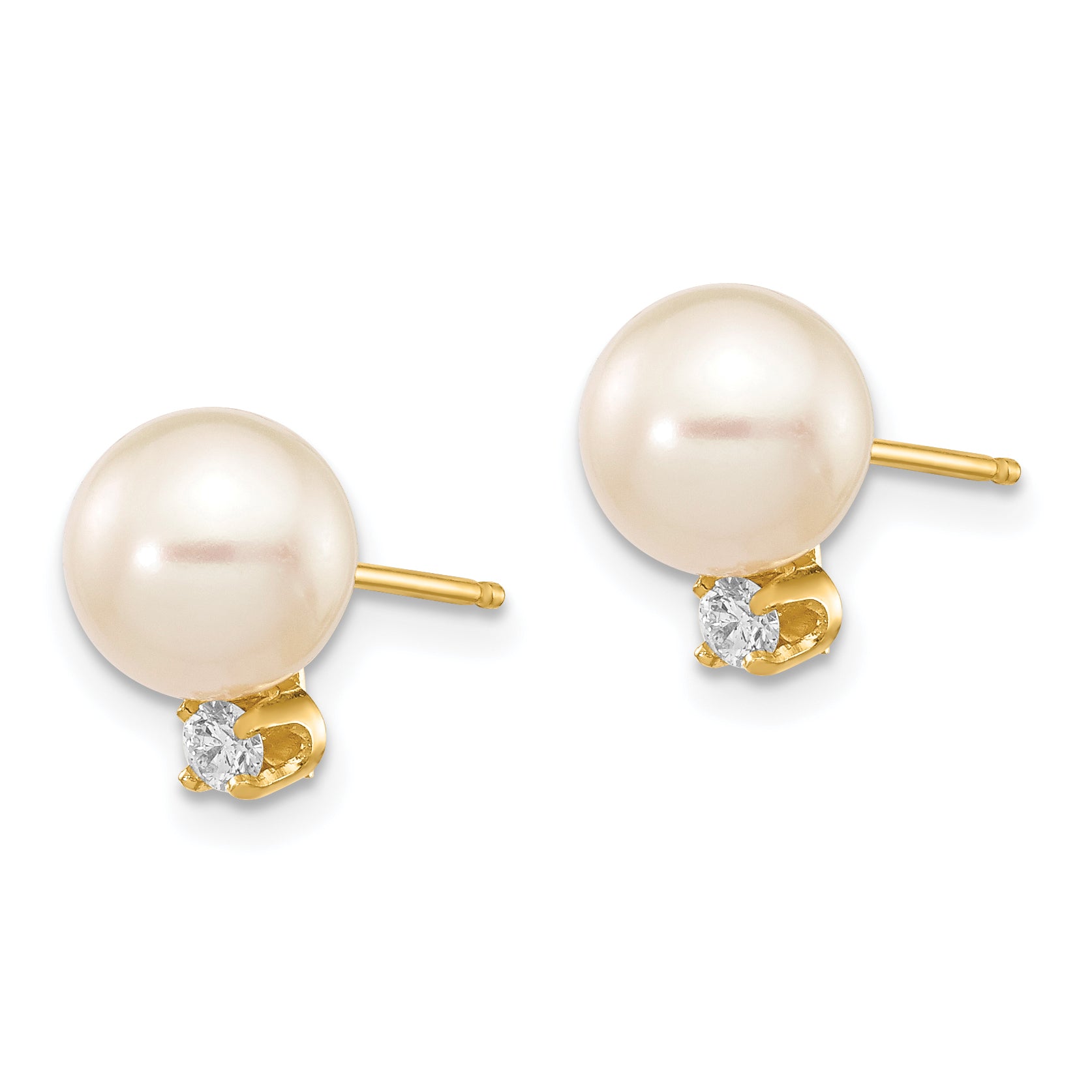 14k 7 8mm White Round Freshwater Cultured Pearl .10ct Diamond Post Earrings