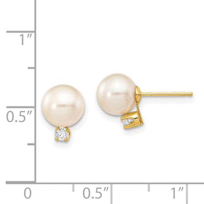 14k 7 8mm White Round Freshwater Cultured Pearl .10ct Diamond Post Earrings