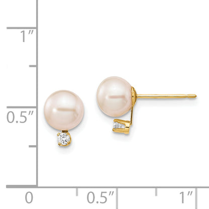 14k 6 7mm White Round Freshwater Cultured Pearl .06ct Diamond Post Earrings
