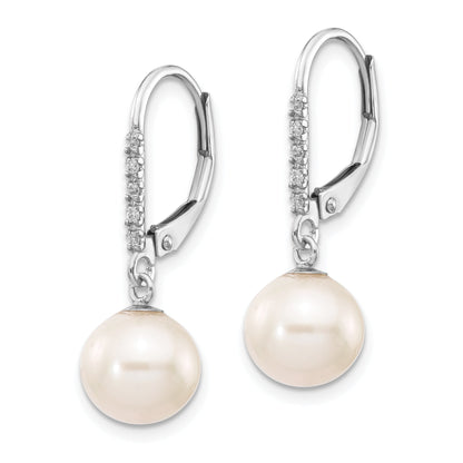 14k White Gold 8 9mm Round FWC Pearl .05ct Diamond Leverback Earrings