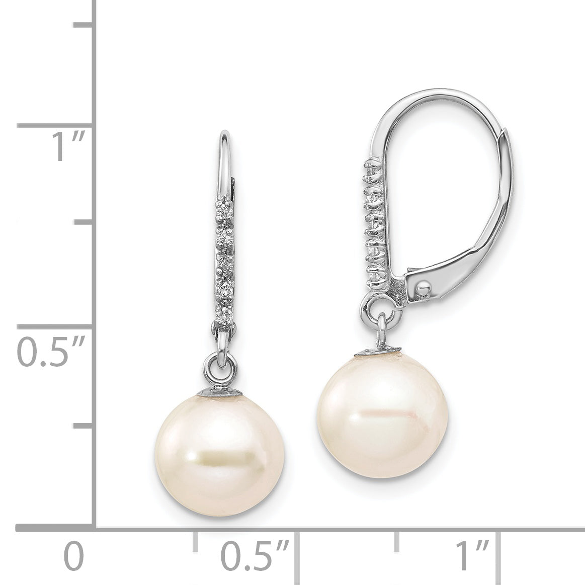 14k White Gold 8 9mm Round FWC Pearl .05ct Diamond Leverback Earrings