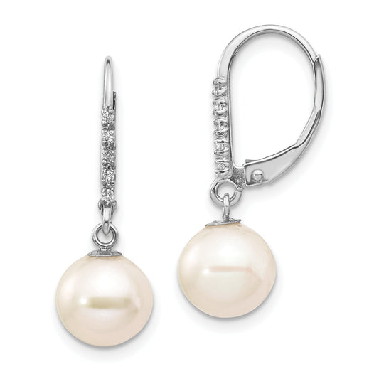 14k White Gold 8 9mm Round FWC Pearl .05ct Diamond Leverback Earrings
