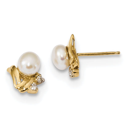 14k 5 6mm Diamond and White Button Freshwater Cultured Pearl Post Earrings