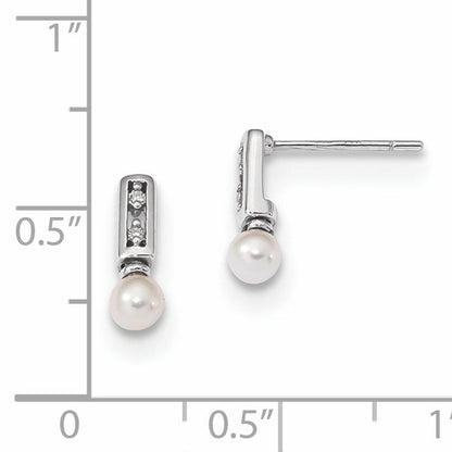 14K White Gold 3 4mm White Round FWC Pearl .02ct Diamond Post Earrings
