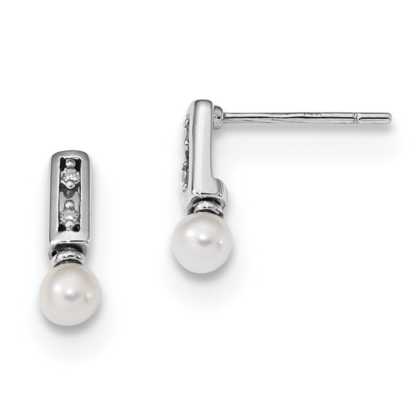 14K White Gold 3 4mm White Round FWC Pearl .02ct Diamond Post Earrings