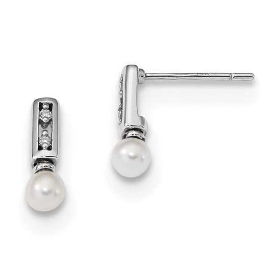 14K White Gold 3 4mm White Round FWC Pearl .02ct Diamond Post Earrings