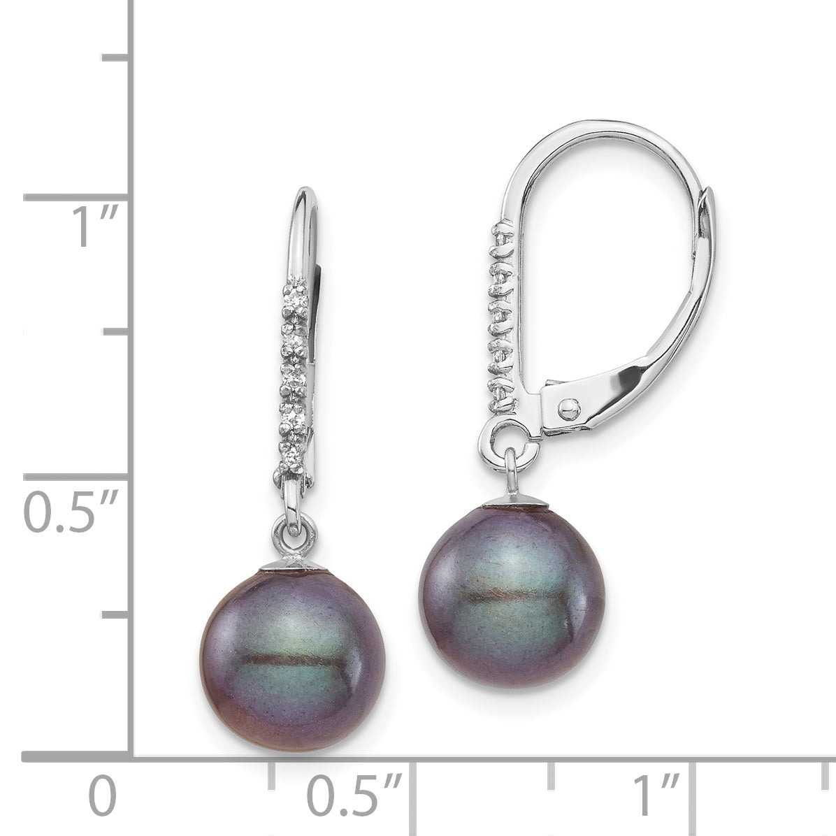14k White Gold 8 9mm Black FWC Pearl .05ct Diamond Leverback Earrings
