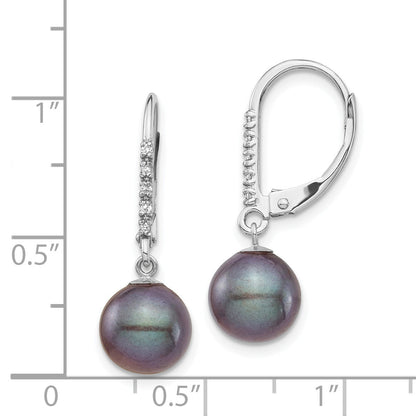 14k White Gold 8 9mm Black FWC Pearl .05ct Diamond Leverback Earrings
