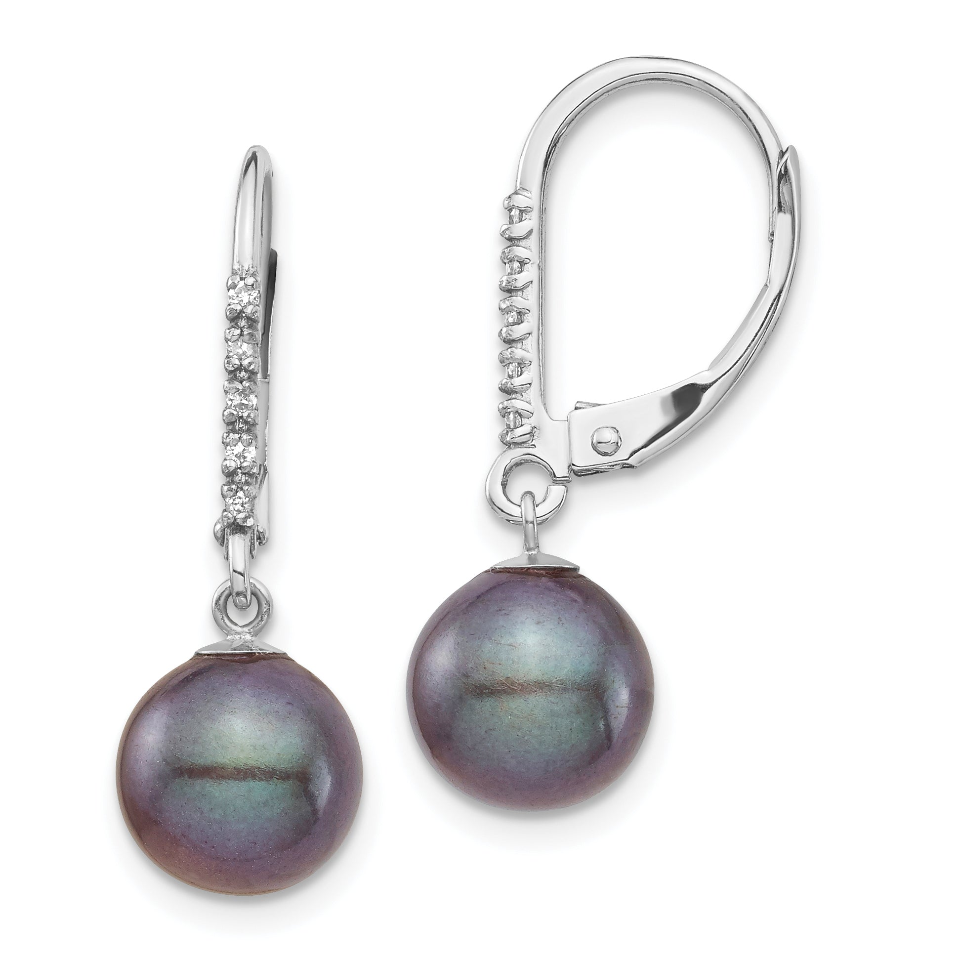 14k White Gold 8 9mm Black FWC Pearl .05ct Diamond Leverback Earrings