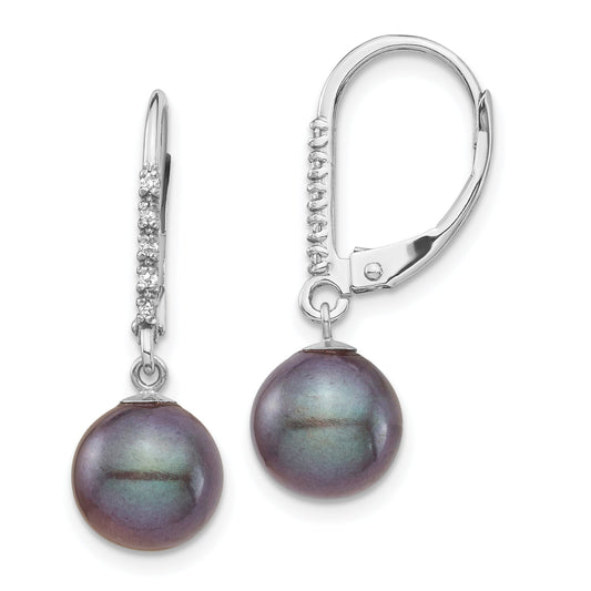 14k White Gold 8 9mm Black FWC Pearl .05ct Diamond Leverback Earrings