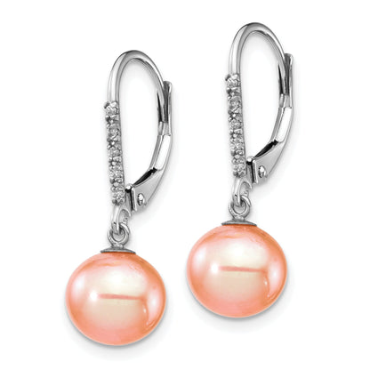 14k White Gold 8 9mm Pink FWC Pearl .05ct Diamond Leverback Earrings