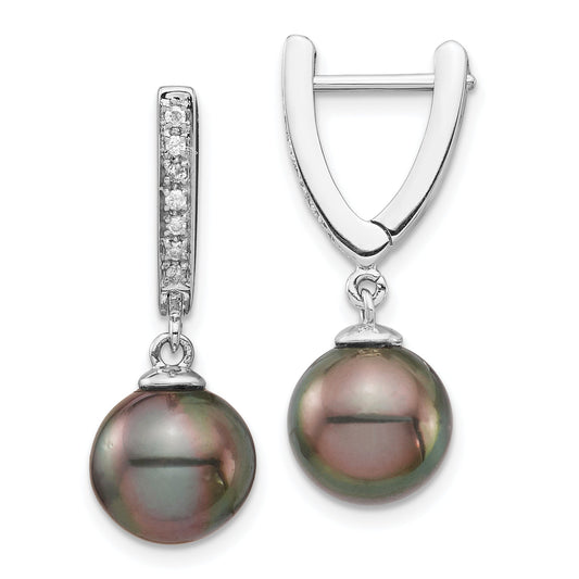 14K WG 9 10mm Round Saltwater Cultured Tahitian Pearl Diam Dangle Earrings